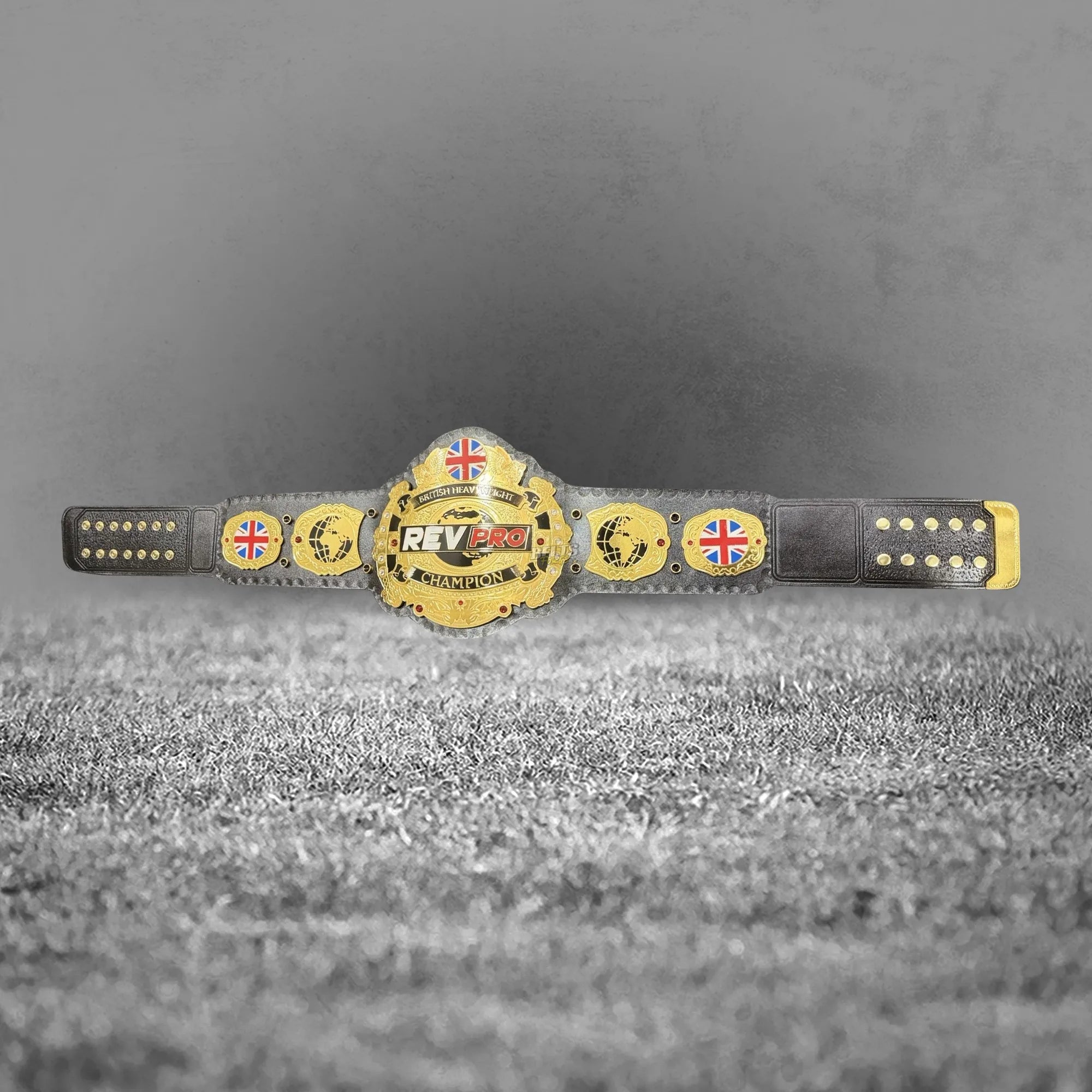 British Heavyweight Championship Belt right angled view showing center plate and right side plates