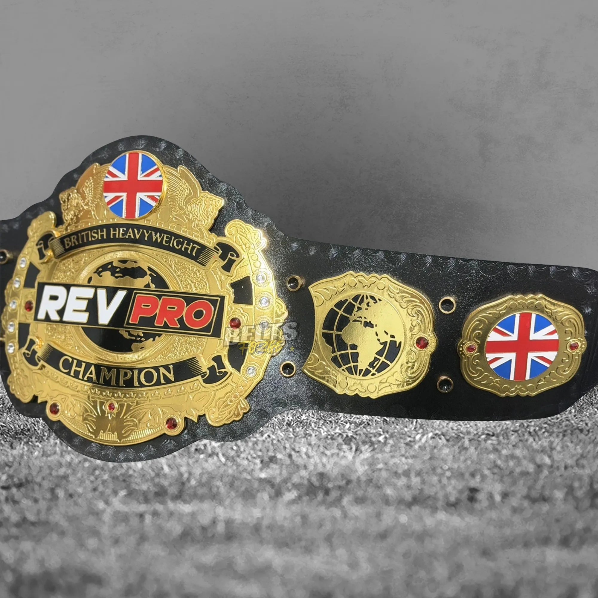 British Heavyweight Championship Belt right strap showing side plates and buckle adjustment holes