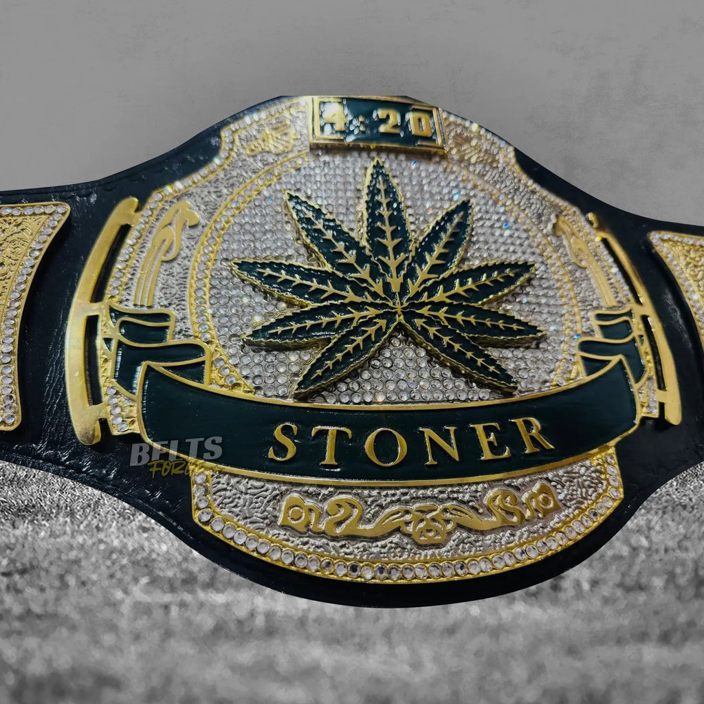 Stoner 420 Championship Novelty Belt center plate top detail showing gold-plated brass 420 championship design engraving