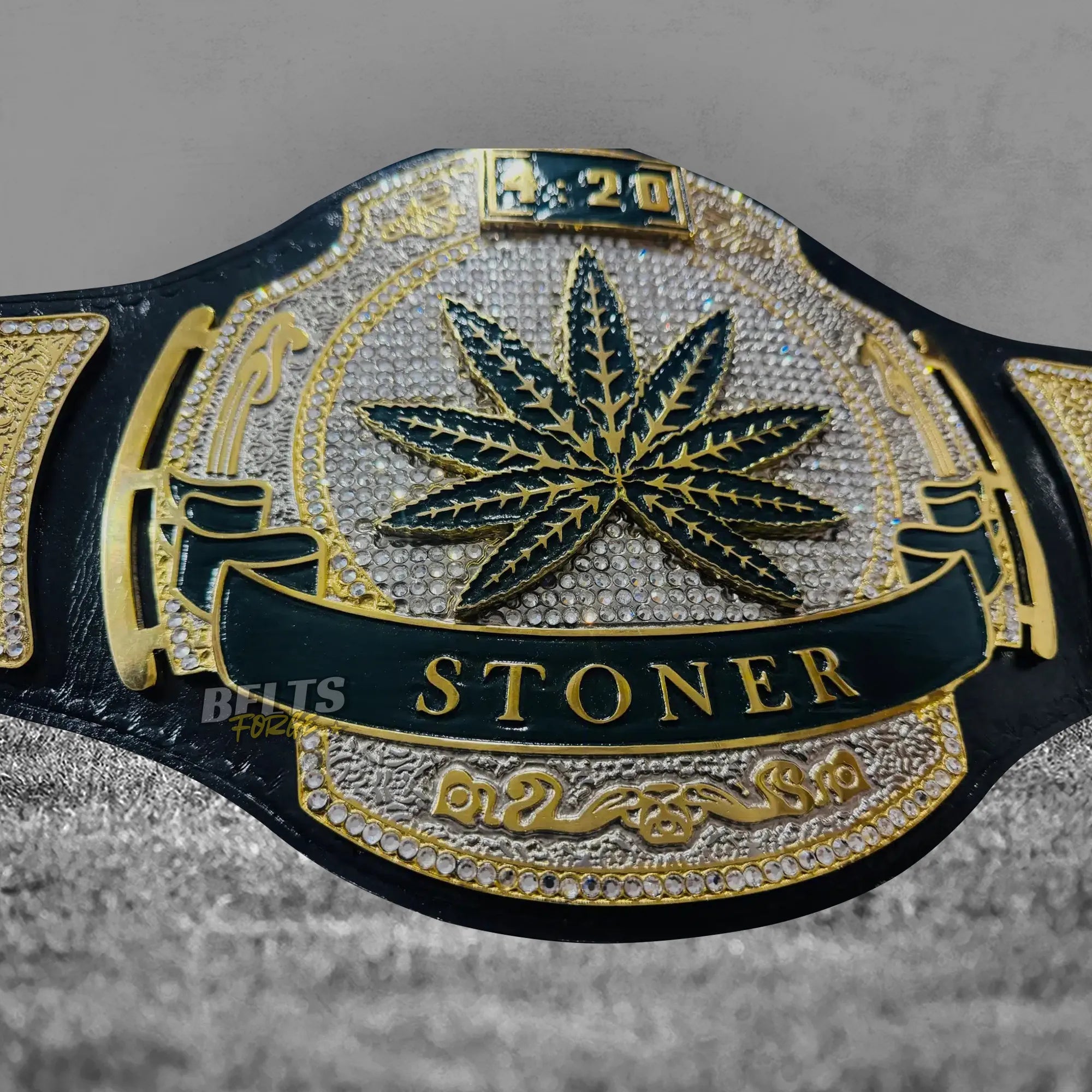Stoner 420 Championship Novelty Belt center plate top detail showing gold-plated brass 420 championship design engraving