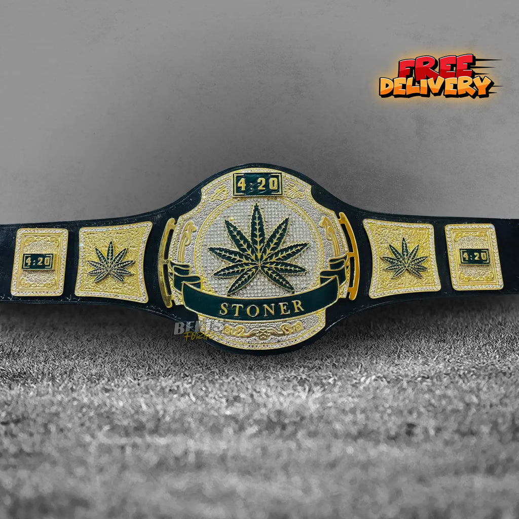 Stoner 420 Championship Novelty Belt front view, gold-plated brass 420 design main plate on genuine black leather strap by Belts Forge