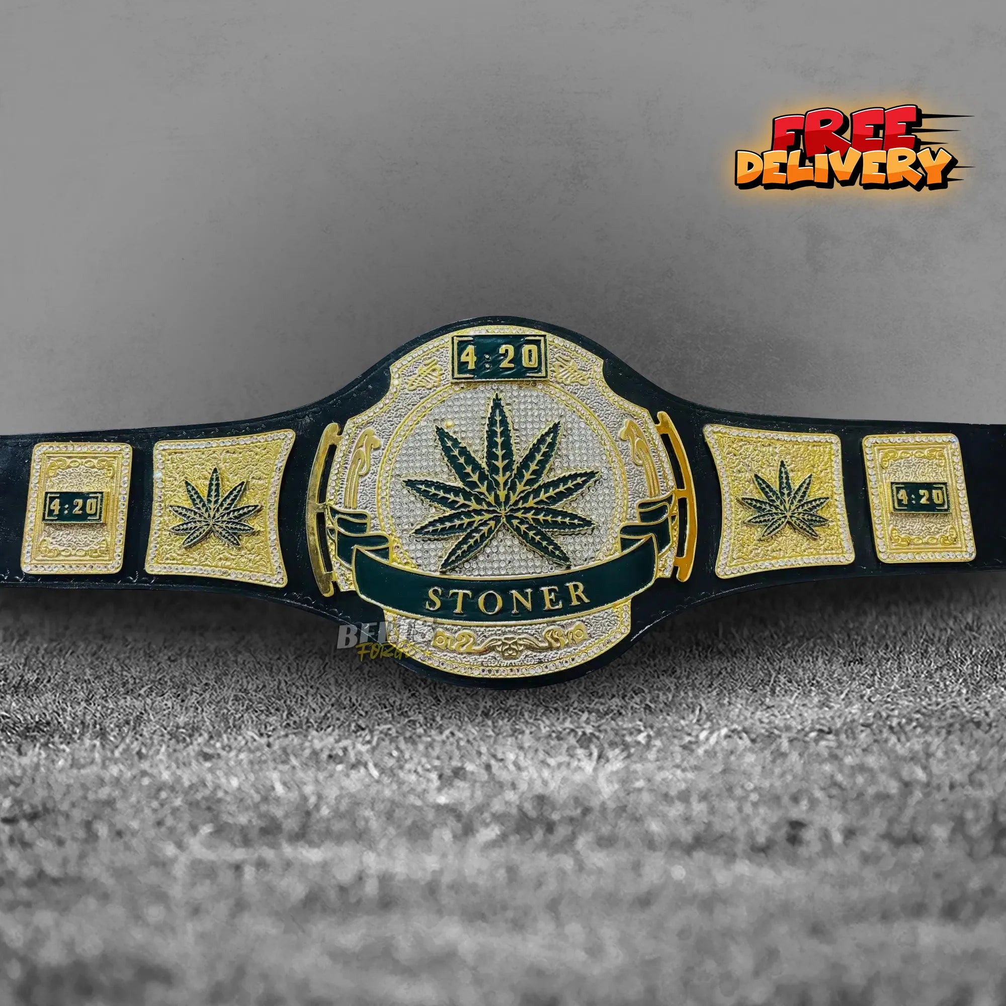 Stoner 420 Championship Novelty Belt front view, gold-plated brass 420 design main plate on genuine black leather strap by Belts Forge