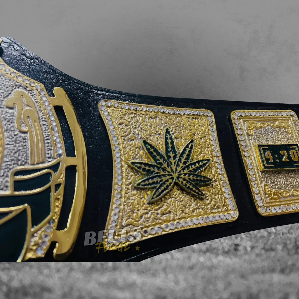 Stoner 420 Championship Novelty Belt side plate alternate detail showing gold brass engraving and genuine leather strap