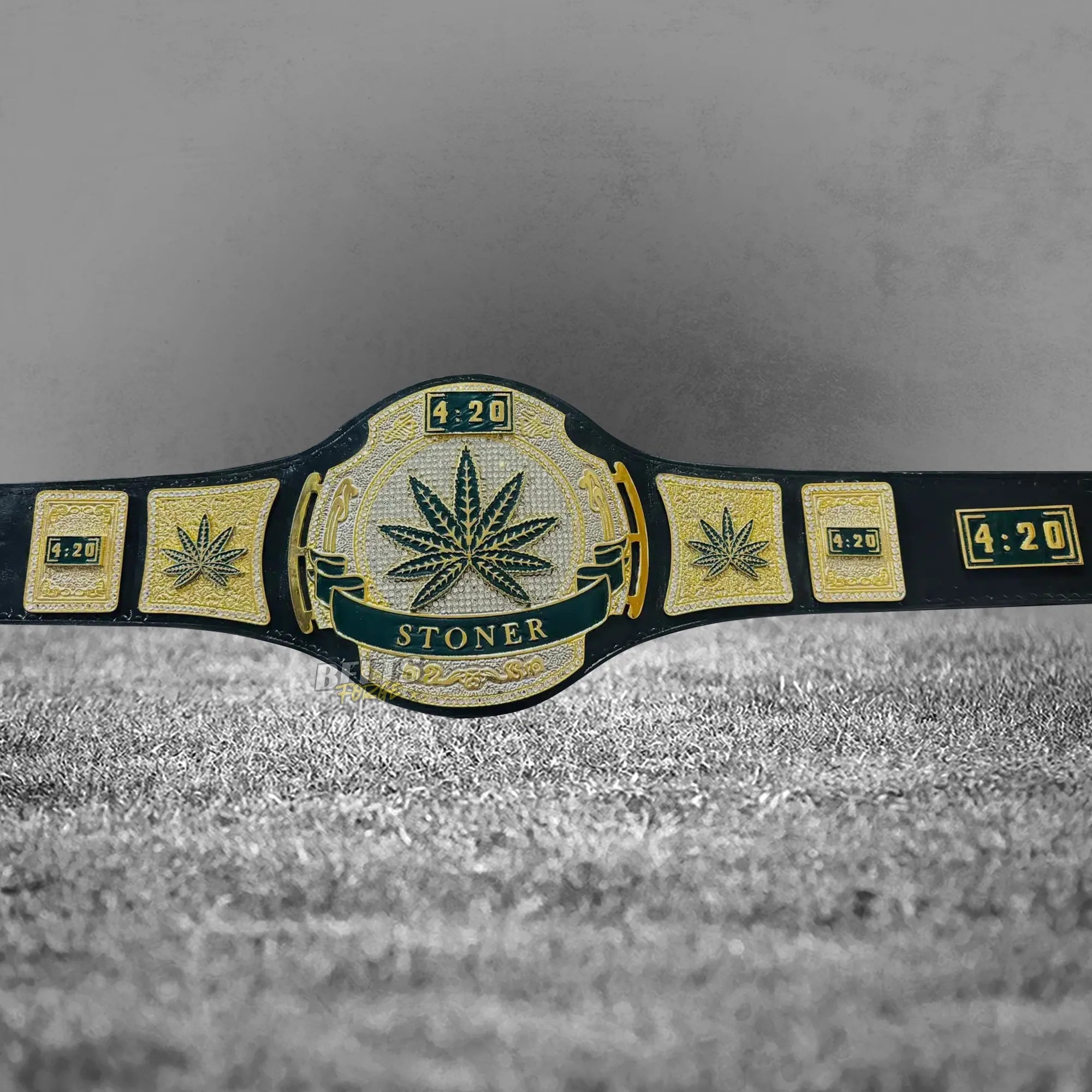 Stoner 420 Championship Novelty Belt side plates close-up showing gold-plated brass novelty side plates on black leather strap