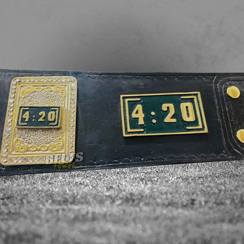 Stoner 420 Championship Novelty Belt strap and plate close-up showing gold hardware and genuine leather strap detail