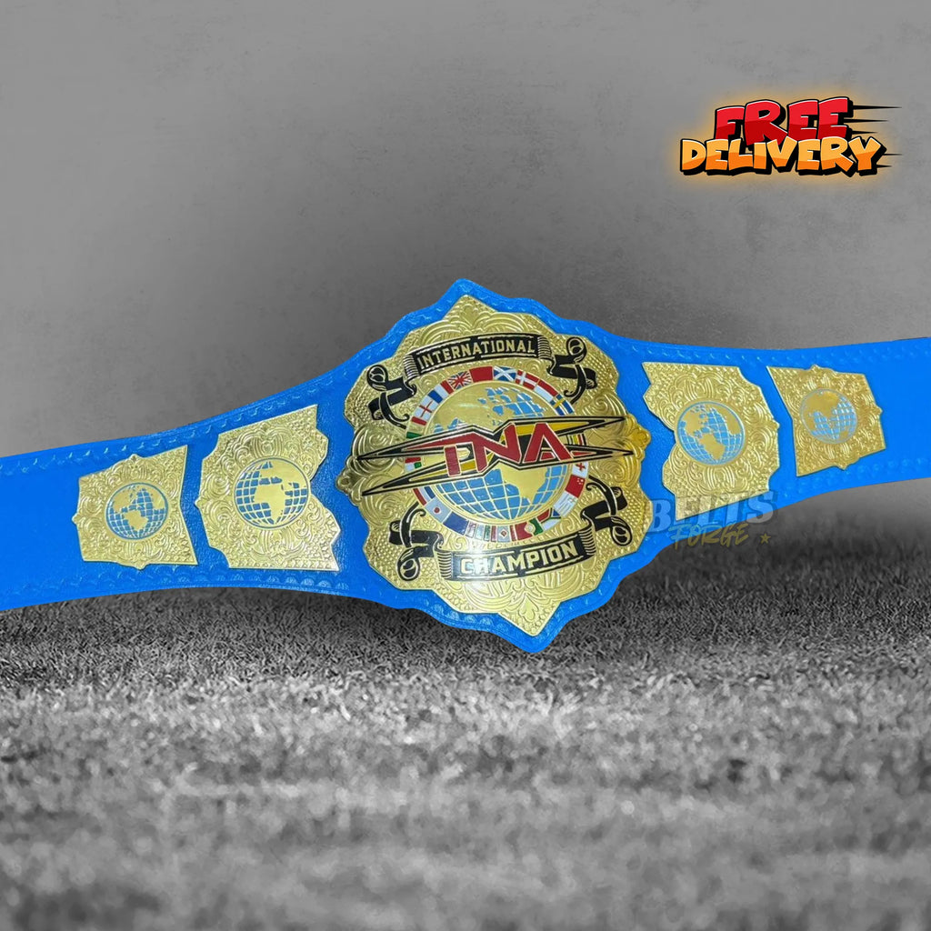 TNA International Championship Belt replica front view, gold-plated brass TNA main plate on genuine blue leather strap by Belts Forge