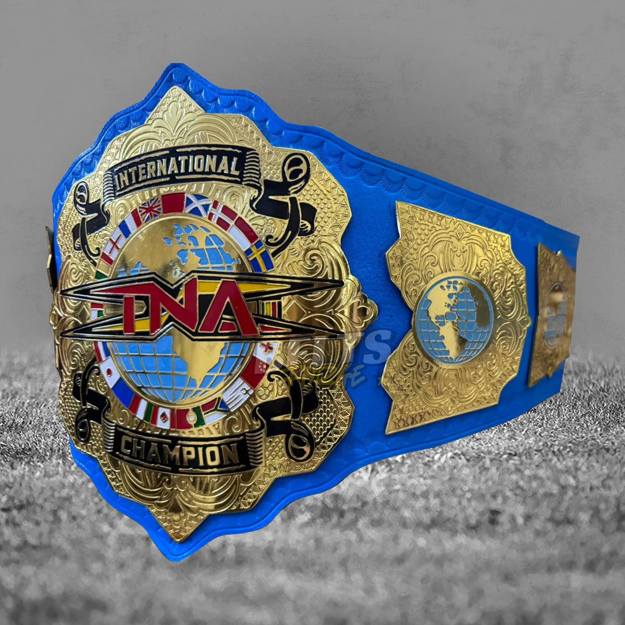 TNA International Championship Belt side profile center plate view showing gold-plated brass TNA design on genuine blue leather