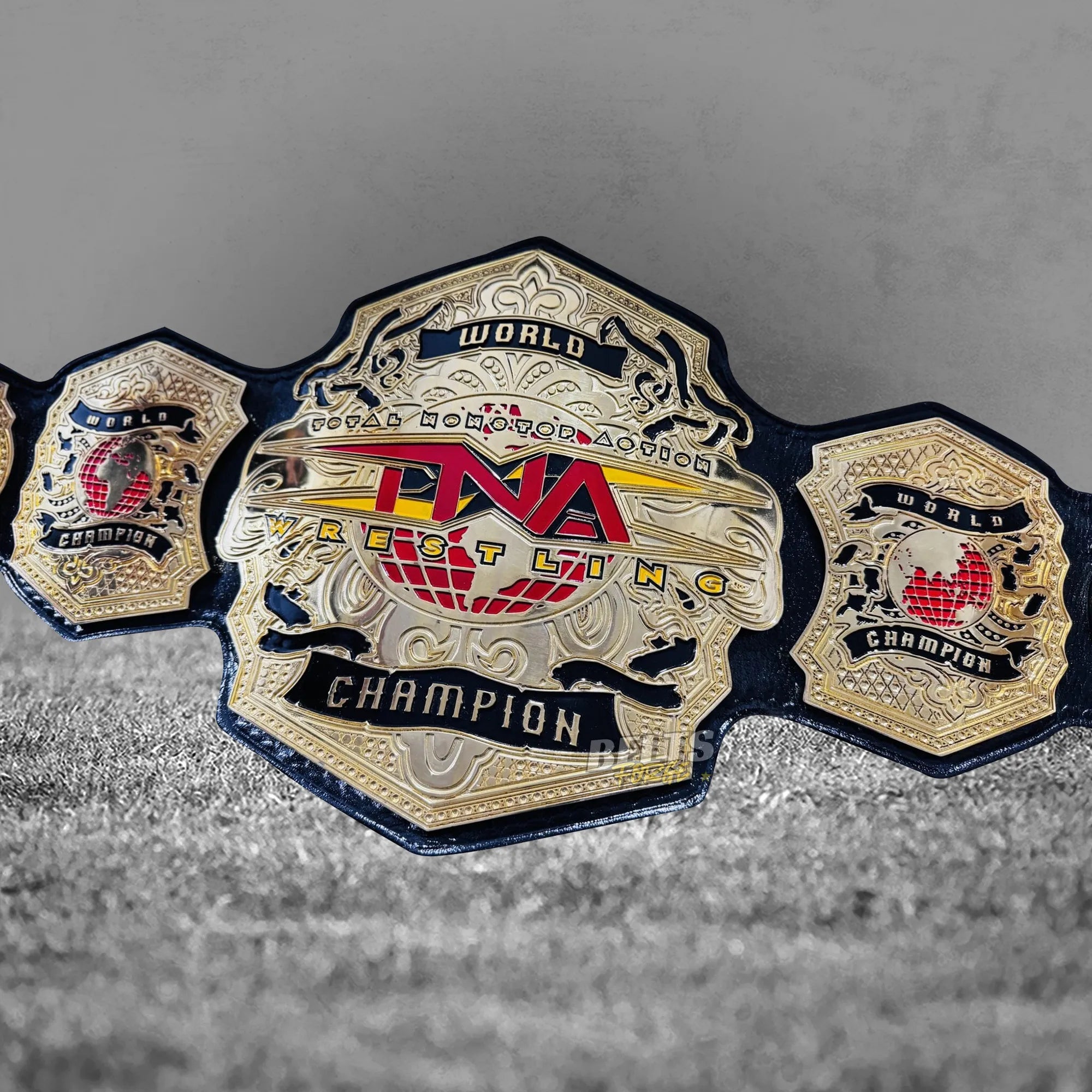 TNA World Heavyweight Championship Belt angled center plate view showing gold TNA globe design from above on leather strap