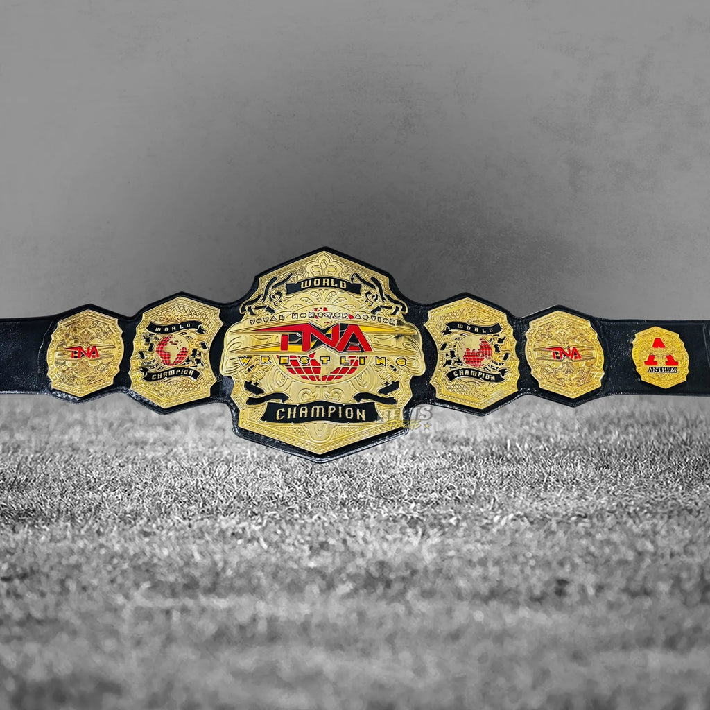 TNA World Heavyweight Championship Belt full belt display view showing complete gold plates and genuine leather strap