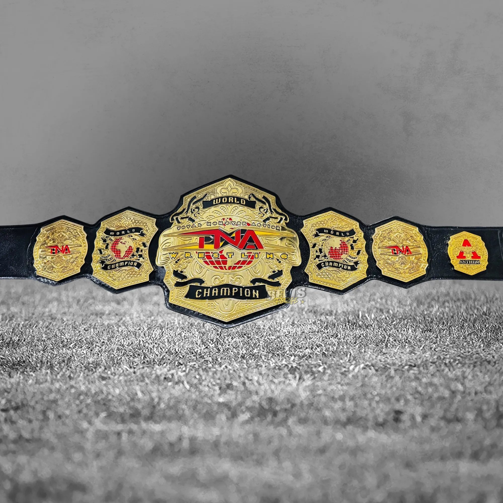 TNA World Heavyweight Championship Belt full belt display view showing complete gold plates and genuine leather strap