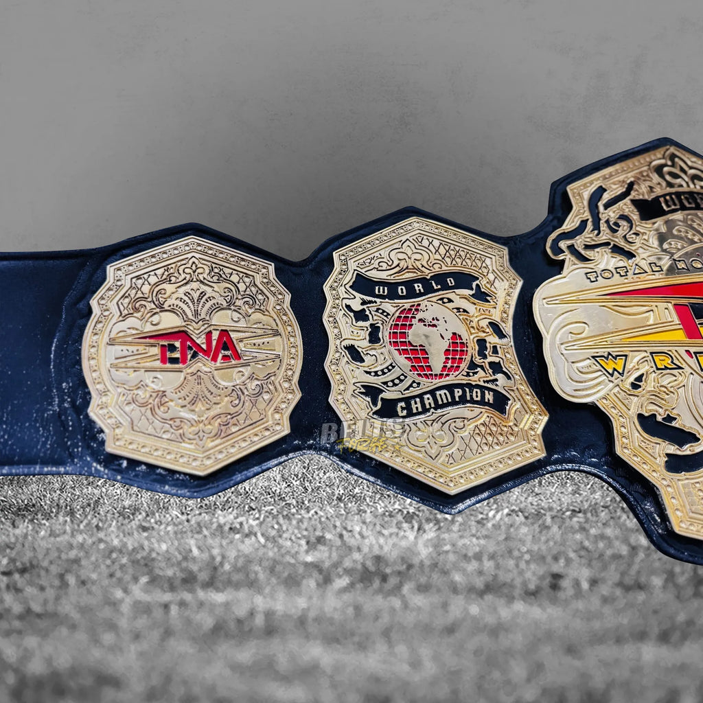TNA World Heavyweight Championship Belt side and center plate detail showing gold-plated brass TNA and Anthem plate arrangement