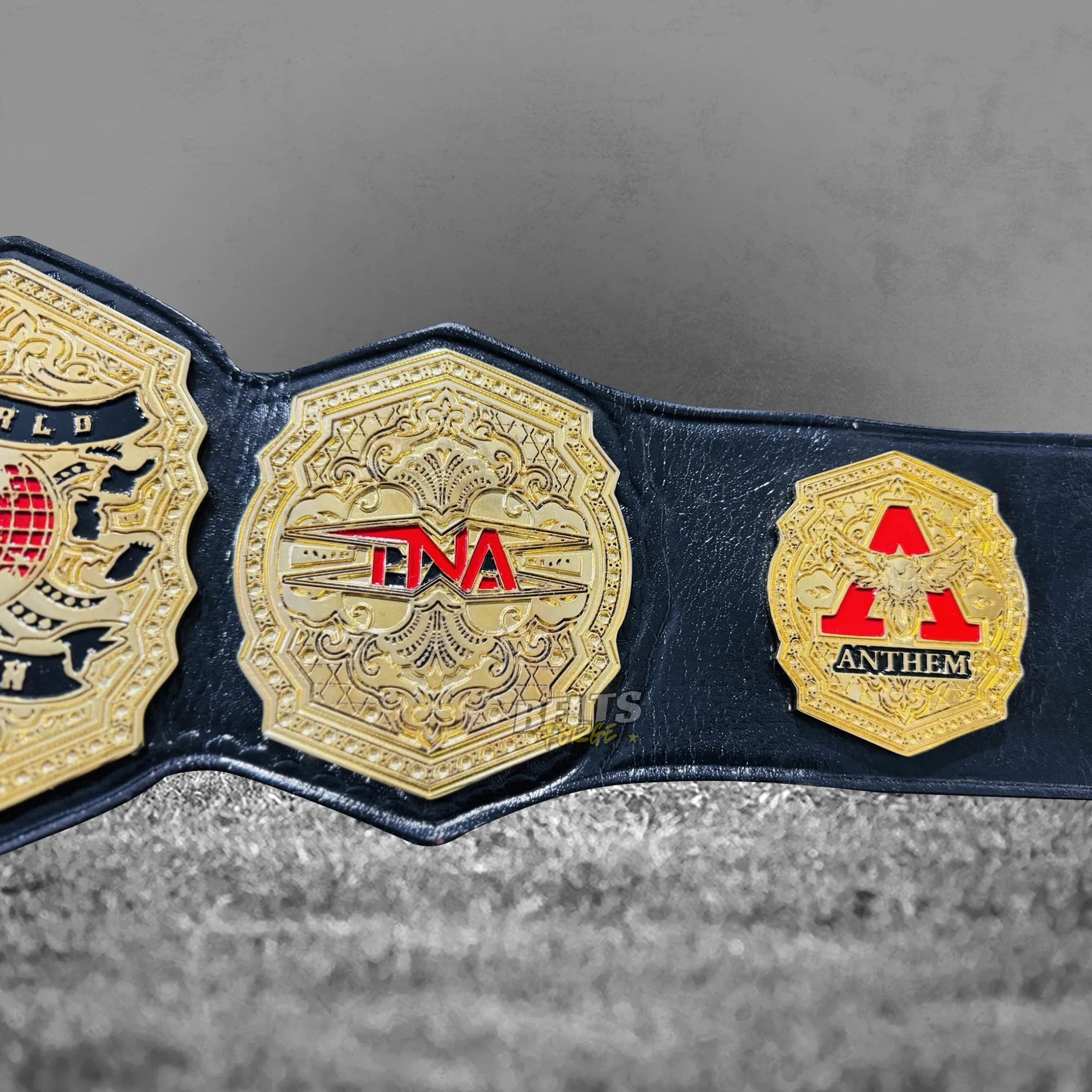 TNA World Heavyweight Championship Belt Anthem side plates detail showing gold-plated wrestling side plates on black leather