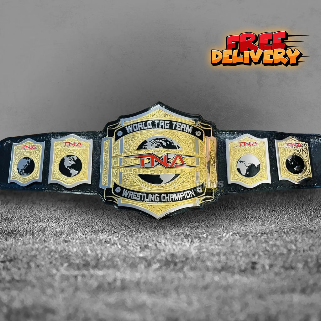 TNA World Tag Team Championship Belt replica front view, gold-plated brass hexagonal plates on genuine leather strap by Belts Forge