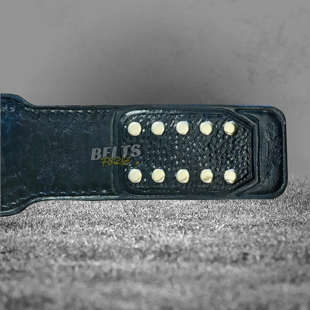 TNA World Tag Team Championship Belt strap underside detail showing genuine leather texture and gold hardware