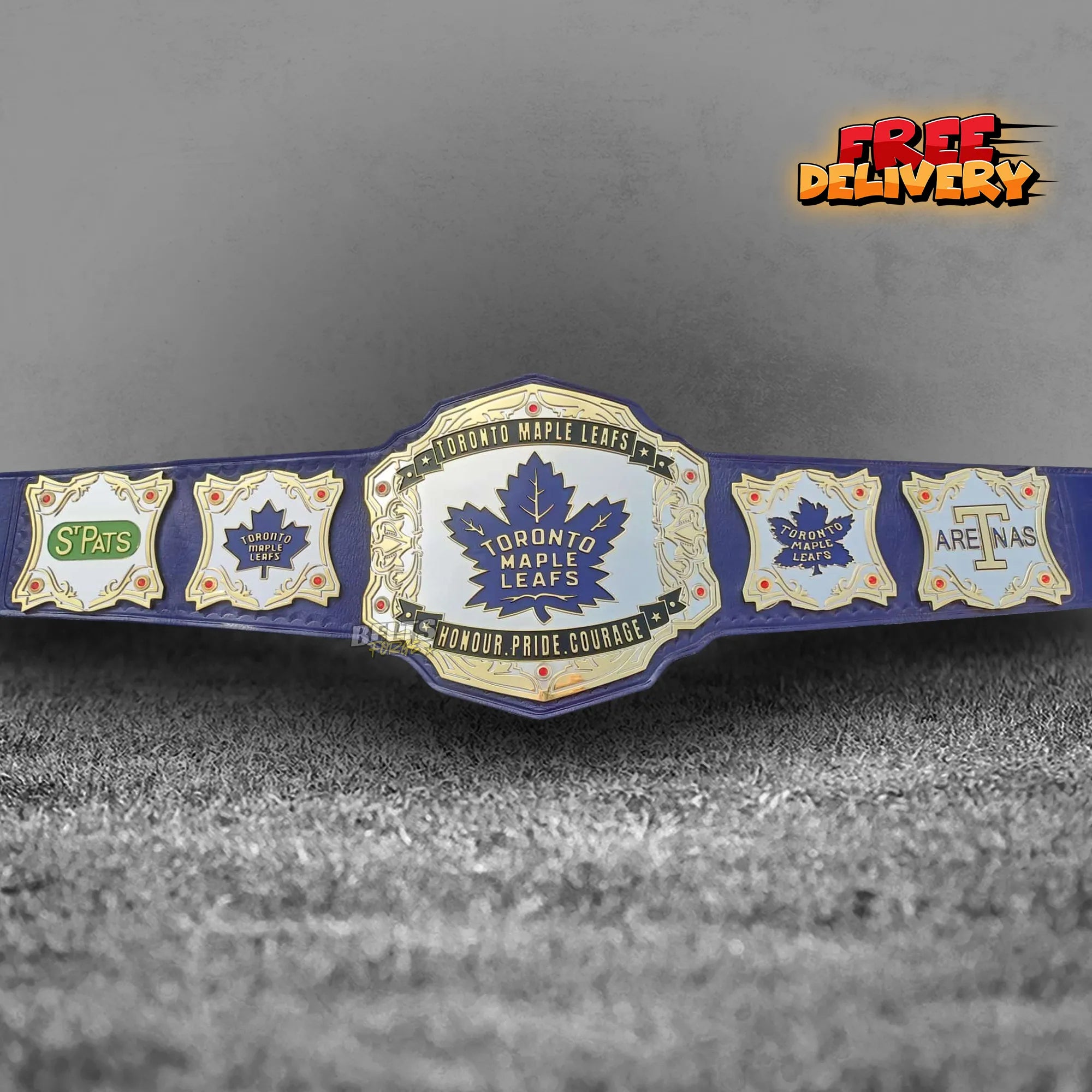 Toronto Maple Leafs NHL Championship Belt replica front view, gold-plated brass Leafs main plate on blue printed leather strap by Belts Forge