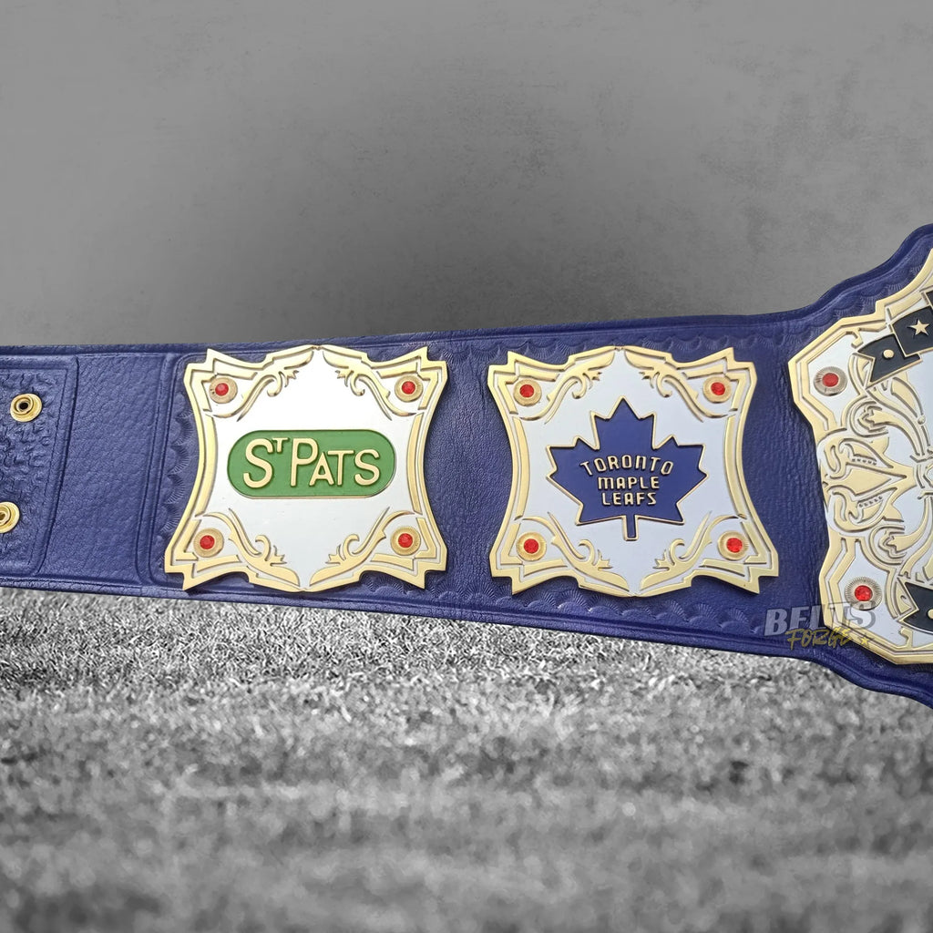 Toronto Maple Leafs championship belt St. Pats heritage side plate detail showing gold-plated brass heritage green era plate