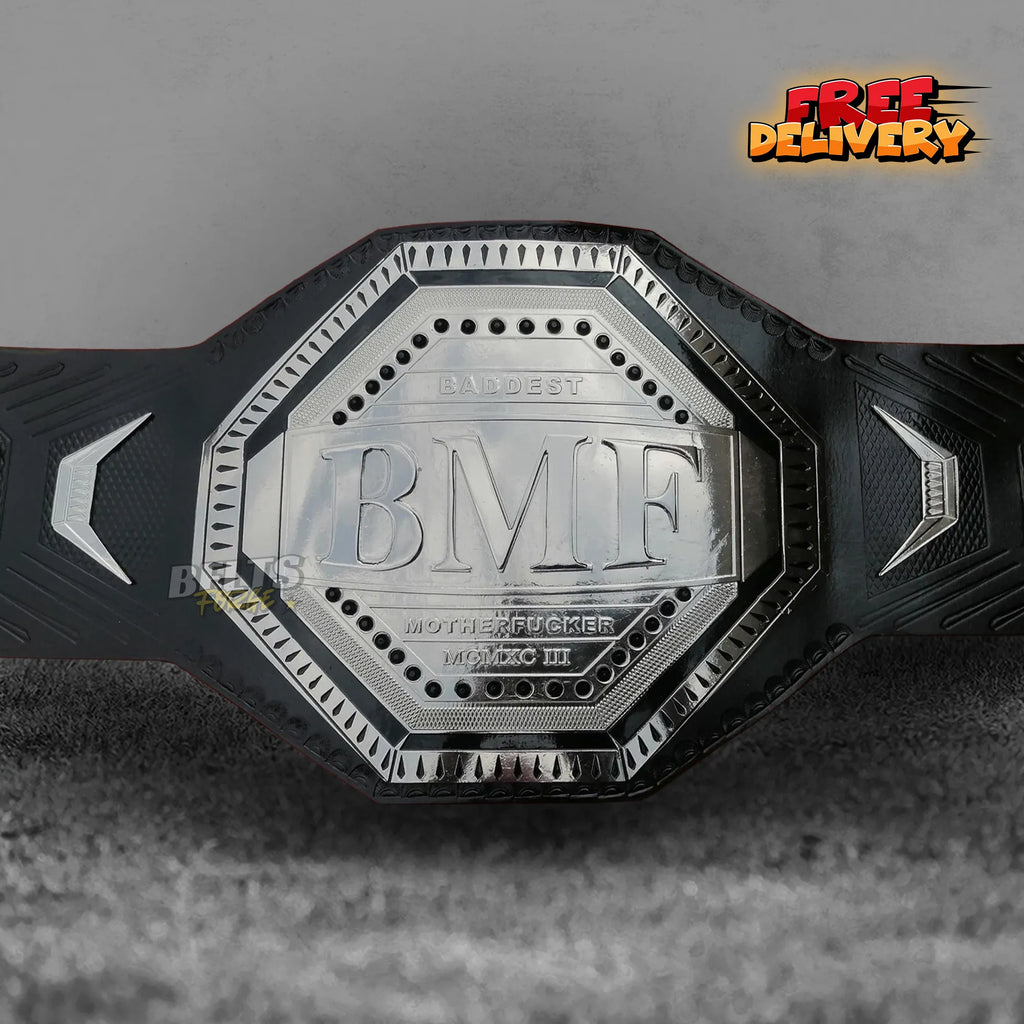 UFC BMF Championship Belt replica center plate close-up, CNC-engraved gold-plated brass BMF octagon main plate by Belts Forge
