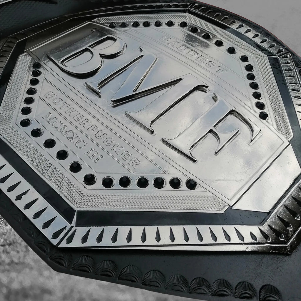 UFC BMF Championship Belt replica alternate center plate detail showing gold-plated brass BMF octagon design and engraving