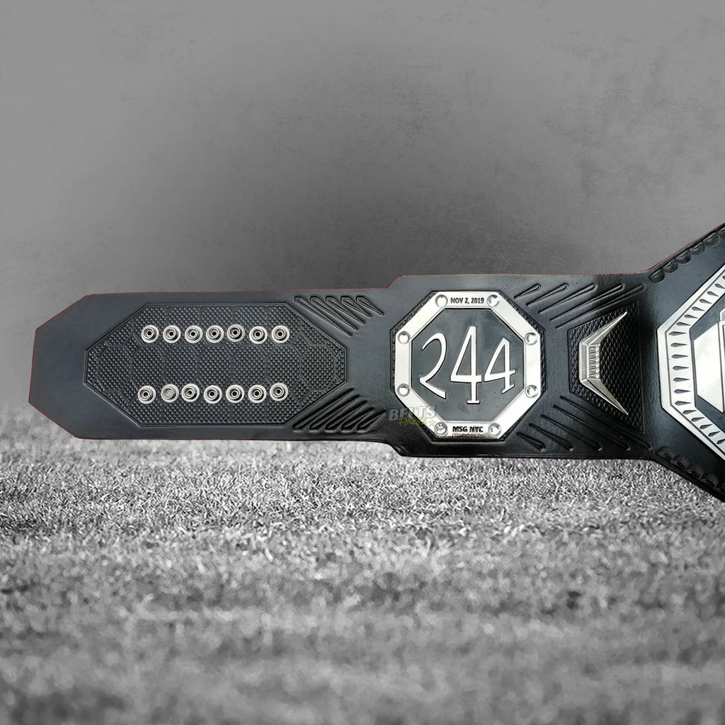 UFC BMF Championship Belt UFC 244 commemorative side plate detail on genuine cowhide leather strap with carbon emboss