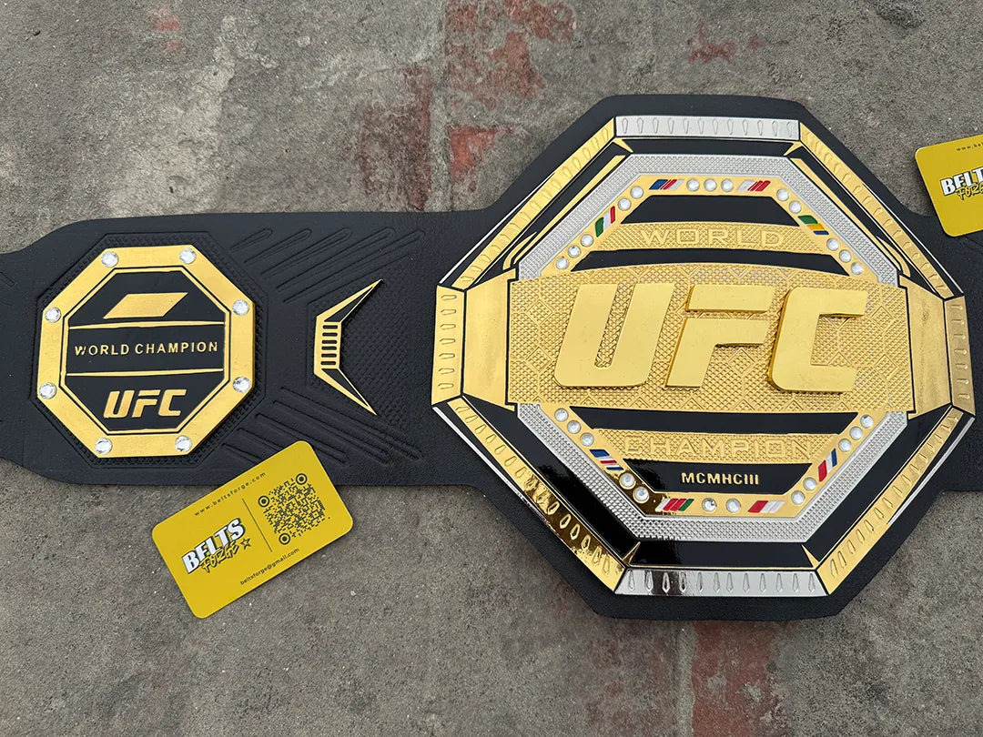 UFC Legacy Championship Belt gold center plate and left side plate detail, MMA collector replica by Belts Forge