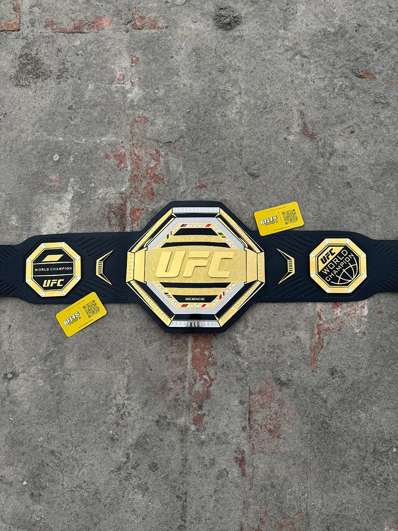 UFC Legacy Championship Belt full portrait length, gold-plated brass plates on genuine black cowhide leather strap