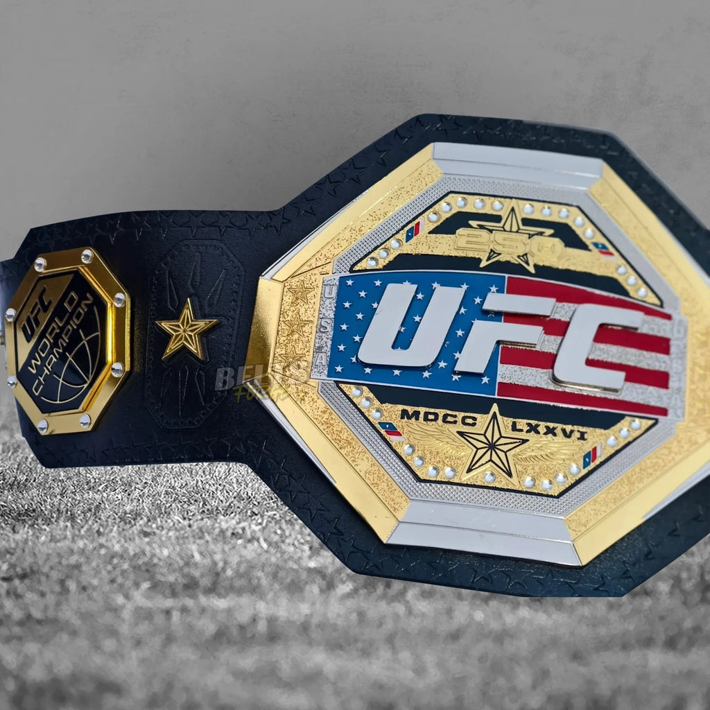 Custom Octagon Championship Belt angled side plate detail showing gold-plated Capitol commemorative engraving