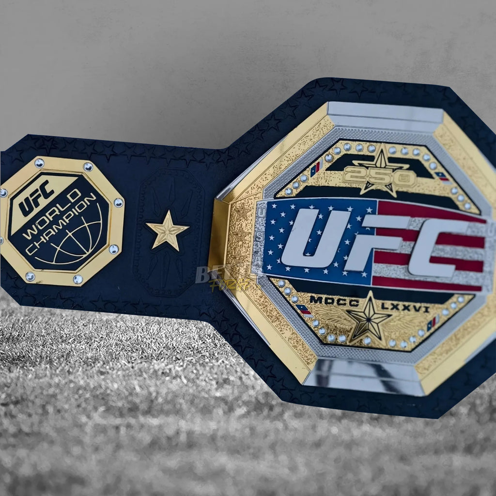 UFC Freedom 250 Championship Belt angled World Champion plate view showing gold-plated octagon side plate detail