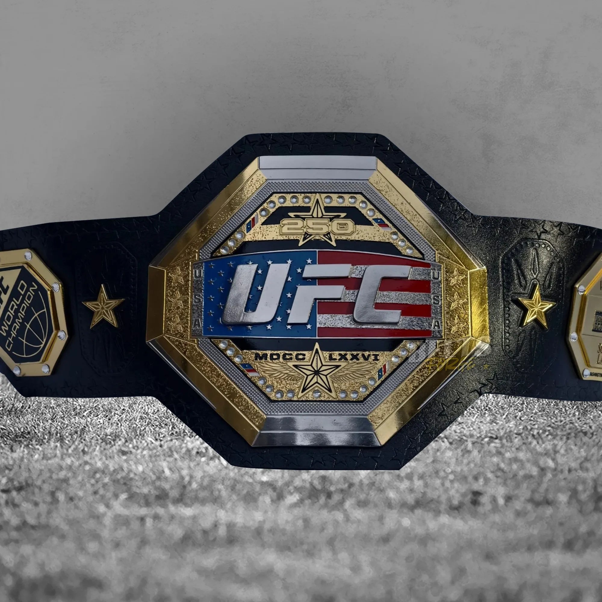 UFC Freedom 250 Championship Belt front center plate view showing full gold UFC octagon plate and Freedom 250 design