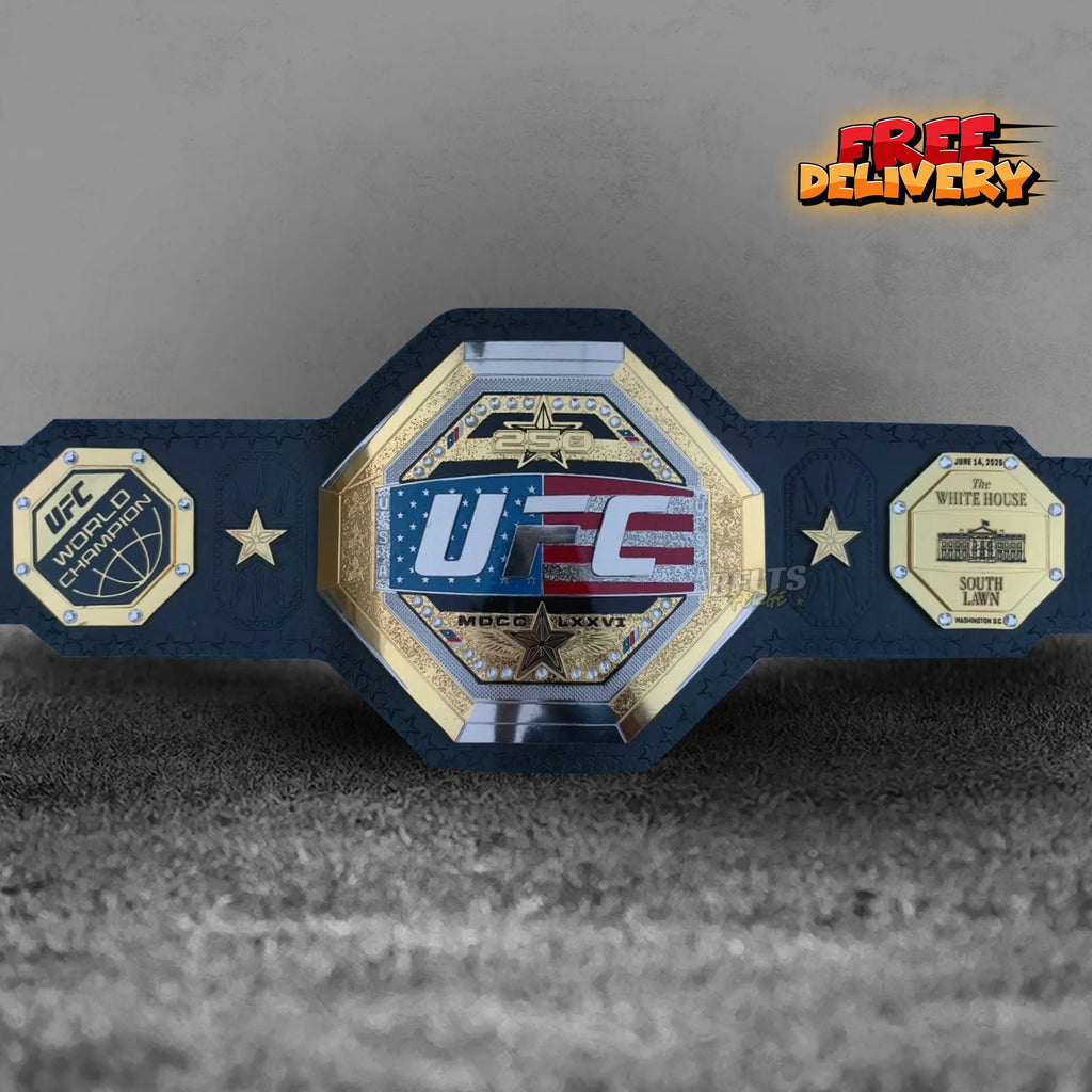 UFC Freedom 250 Championship Belt replica front view, gold-plated brass octagon main plate on genuine cowhide leather strap by Belts Forge