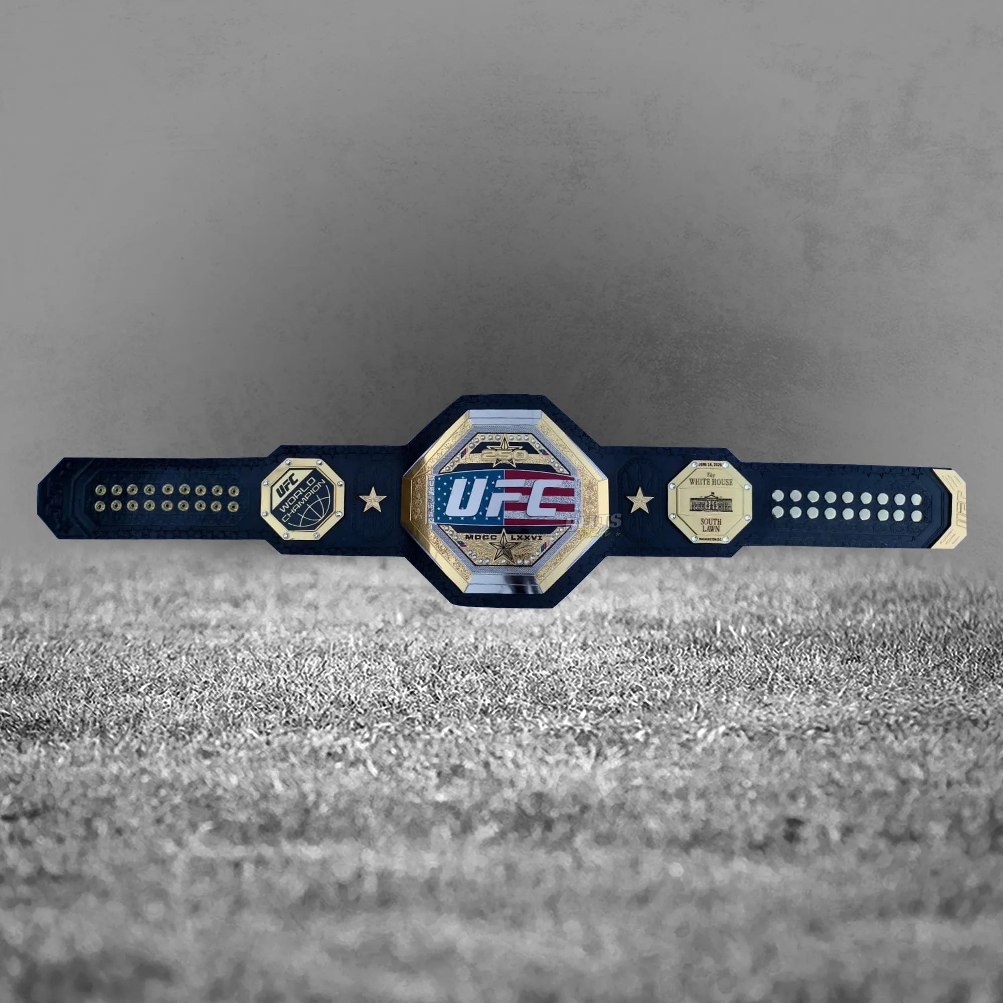 UFC Freedom 250 Championship Belt full belt display view showing complete 52 inch genuine leather strap with all plates
