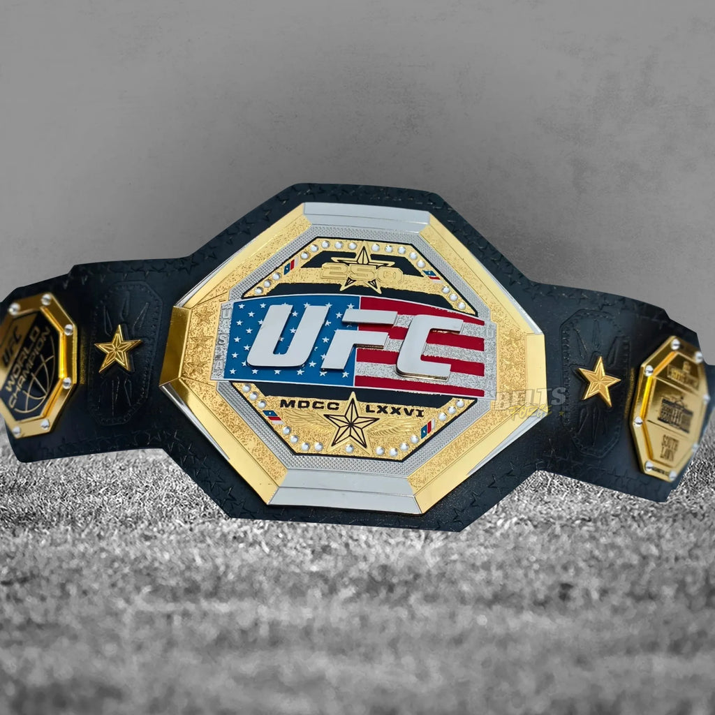 UFC Freedom 250 Championship Belt full front view showing complete gold-plated brass octagon plates and genuine leather strap