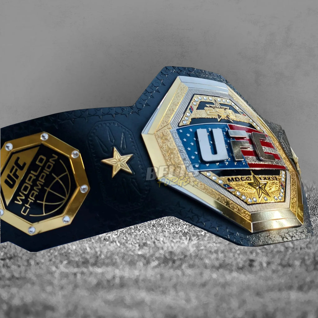 UFC Freedom 250 Championship Belt side angle center plate view showing gold brass octagon engraving profile on leather strap