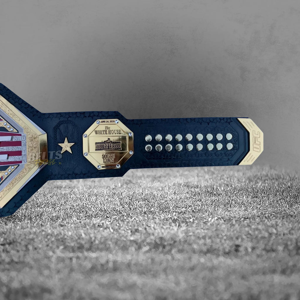 UFC Freedom 250 Championship Belt White House side plate detail showing gold-plated commemorative White House engraved plate on leather