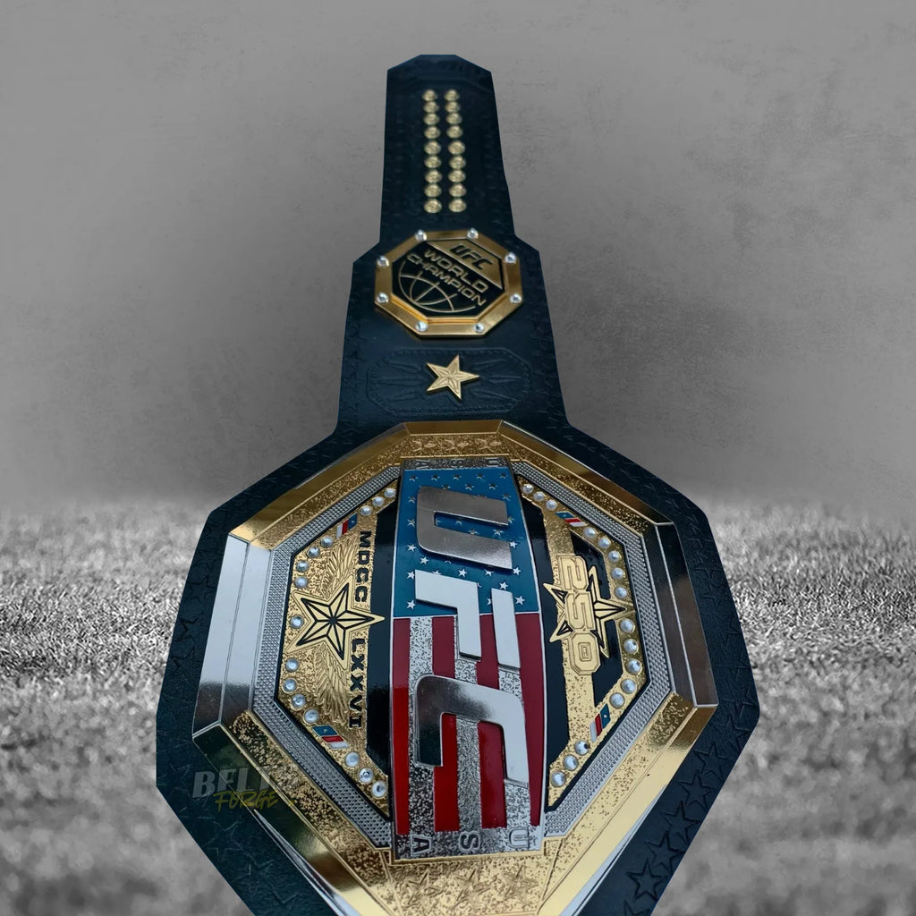 UFC Freedom 250 Championship Belt vertical hanging display view showing full belt displayed upright by Belts Forge