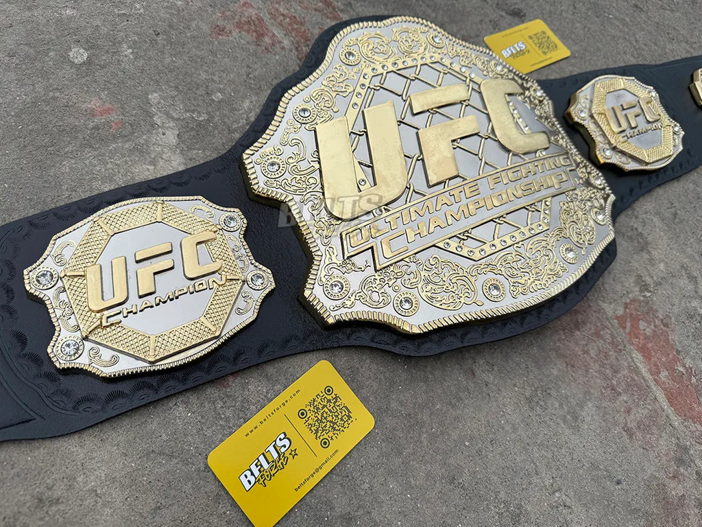 UFC Classic Championship Belt center plate and left side plate angled view, silver filigree and rhinestone detail