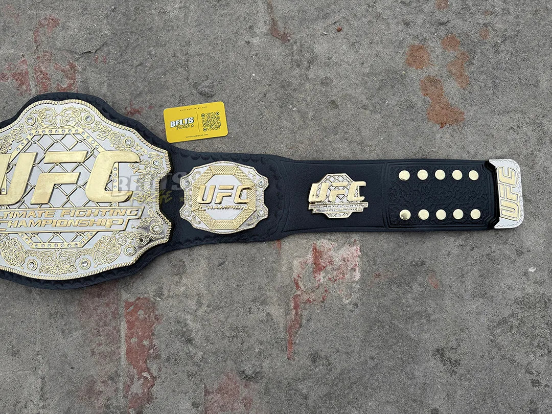 UFC Classic Championship Belt right strap, side plates and strap end detail, silver and gold full size MMA belt