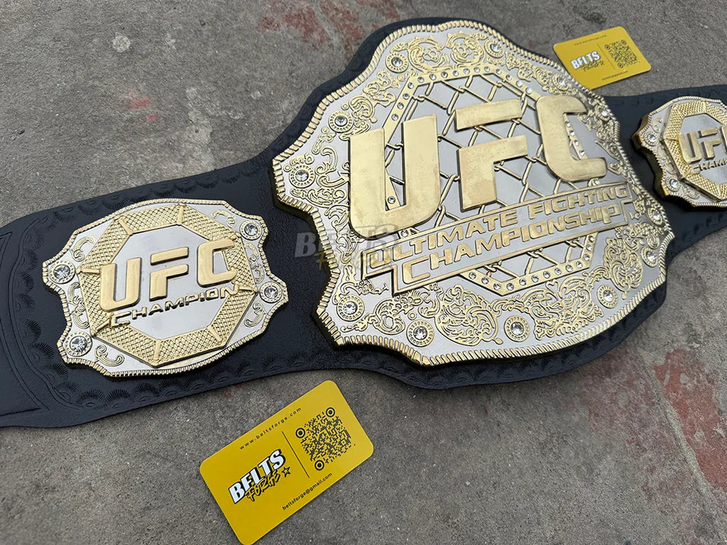UFC Classic Championship Belt replica angled perspective showing ornate silver gold plates and black leather strap