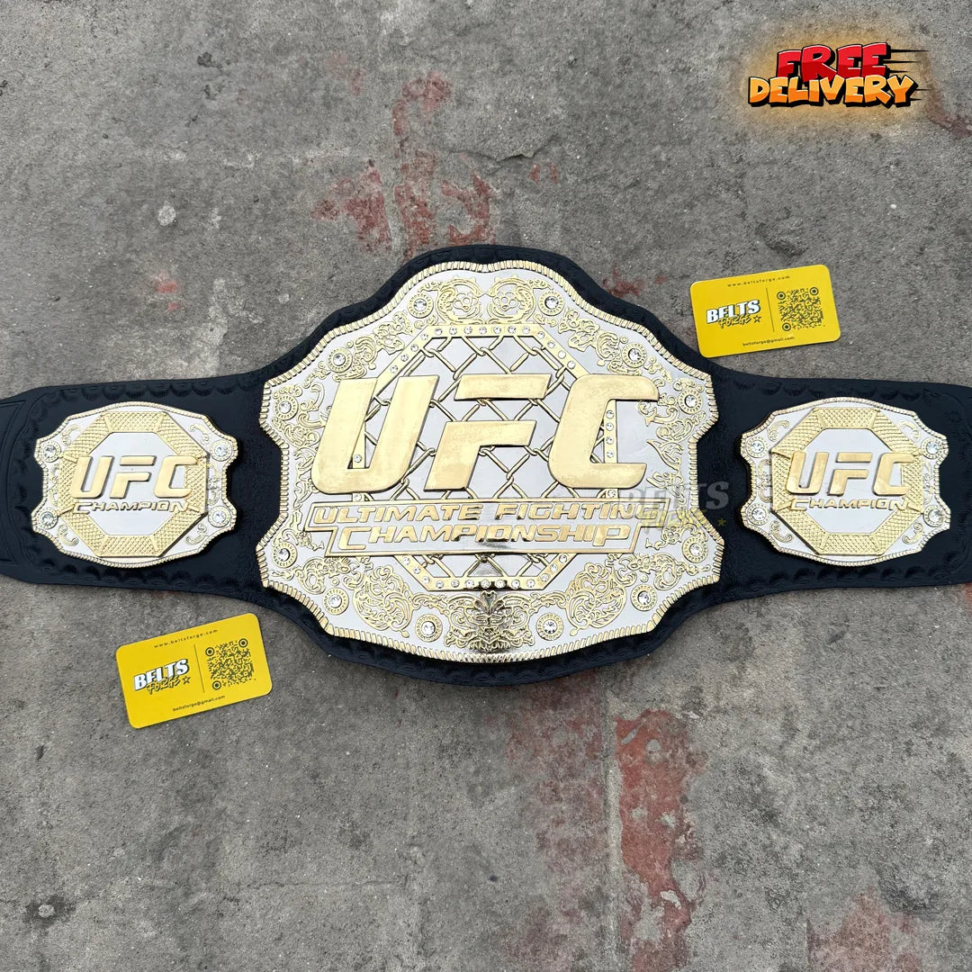 UFC Classic Championship Belt replica hero shot, silver and gold-plated brass plates with black leather strap by Belts Forge