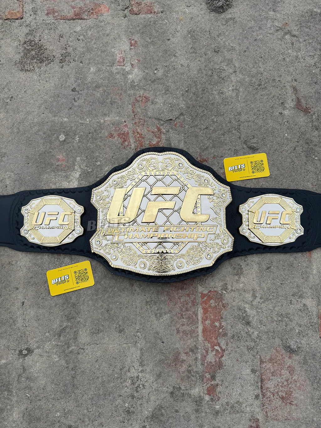 UFC Classic Championship Belt replica full portrait view, silver gold collectible MMA belt by Belts Forge