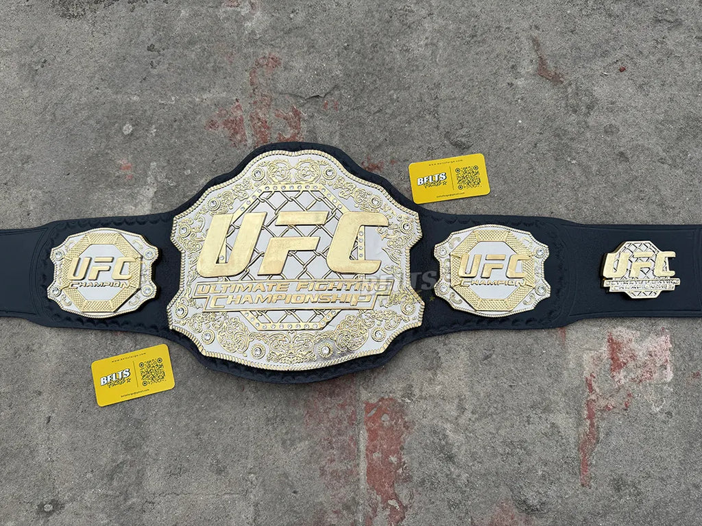 UFC Classic Championship Belt replica full display, silver gold side plates on black leather strap, MMA fan gift