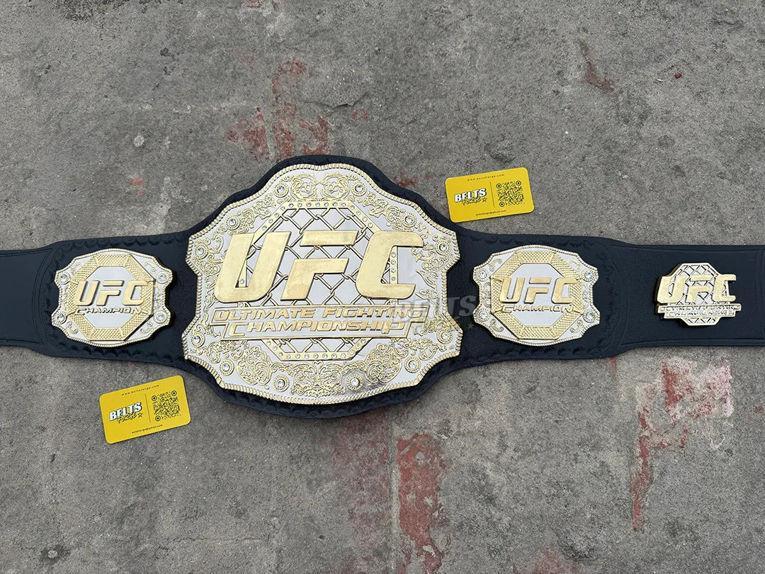 UFC Classic Championship Belt replica full display, silver gold side plates on black leather strap, MMA fan gift