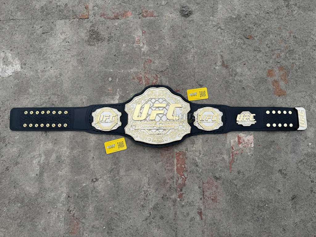 UFC Classic Championship Belt replica full length landscape, silver black Ultimate Fighting Championship belt display