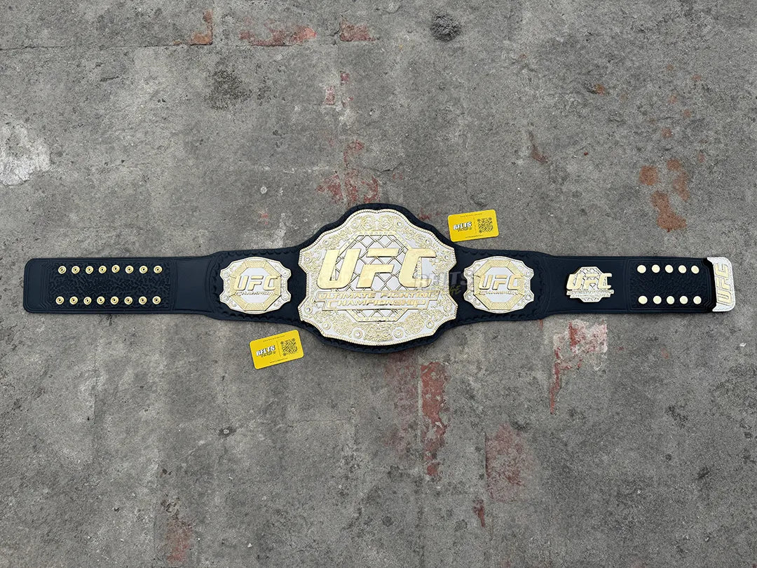 UFC Classic Championship Belt replica full length landscape, silver black Ultimate Fighting Championship belt display