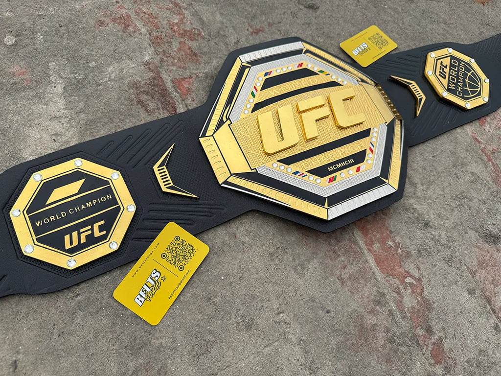UFC Legacy Championship Belt angled view highlighting gold octagon center plate and rhinestone detail