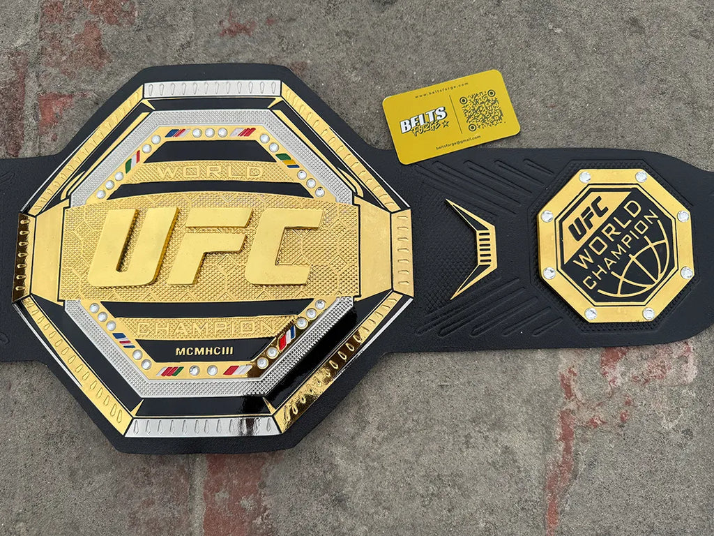 UFC Legacy Championship Belt center plate right side angle, gold-plated engraved octagon with country flag enamel strips