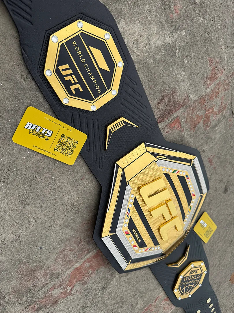 UFC Legacy Championship Belt folded upright portrait view showing main plate and UFC World Champion side plate below