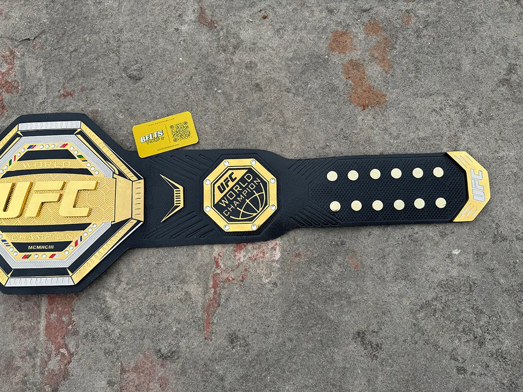 UFC Legacy Championship Belt right strap side plate close-up, gold octagon UFC World Champion globe design