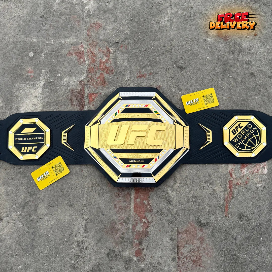 UFC Legacy Championship Belt replica front view, gold-plated brass octagon plate and black leather strap by Belts Forge