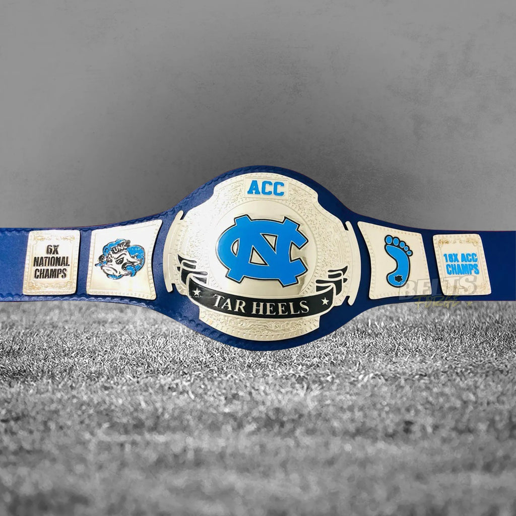 UNC Tar Heels ACC Championship Belt full flat lay display view showing complete gold-plated plates on leather strap