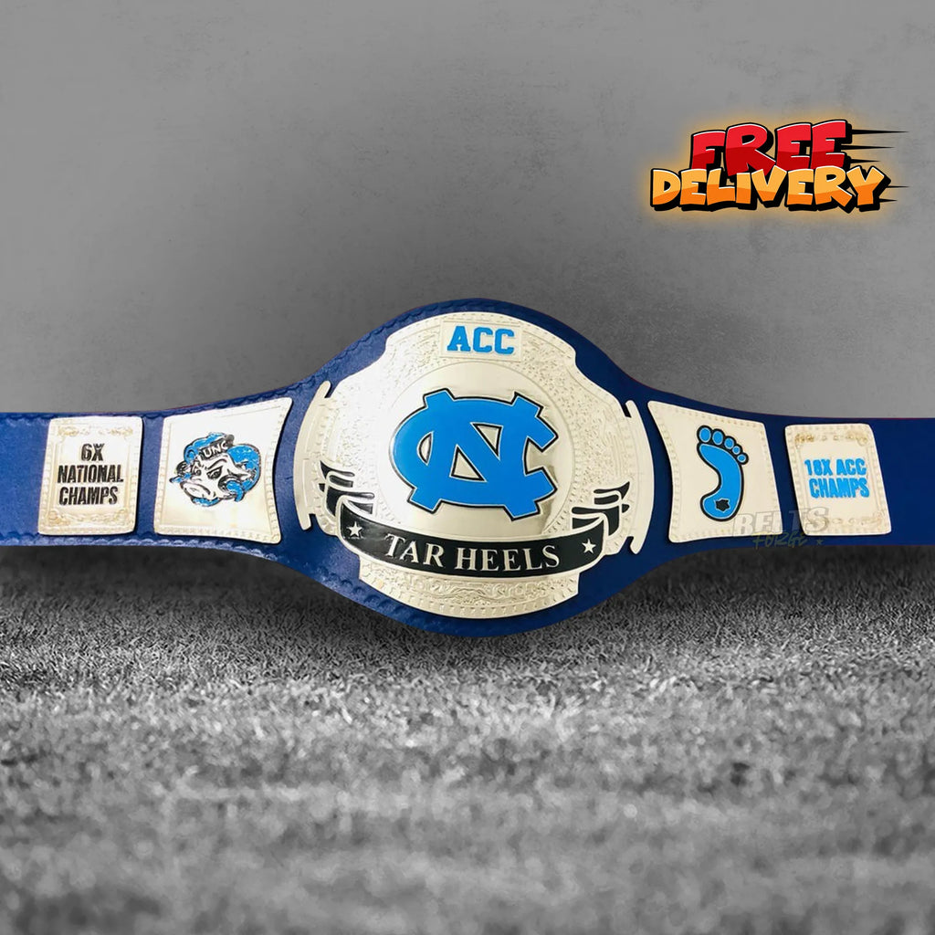 UNC Tar Heels ACC Championship Belt promotional front view, gold-plated brass plates on genuine leather strap by Belts Forge